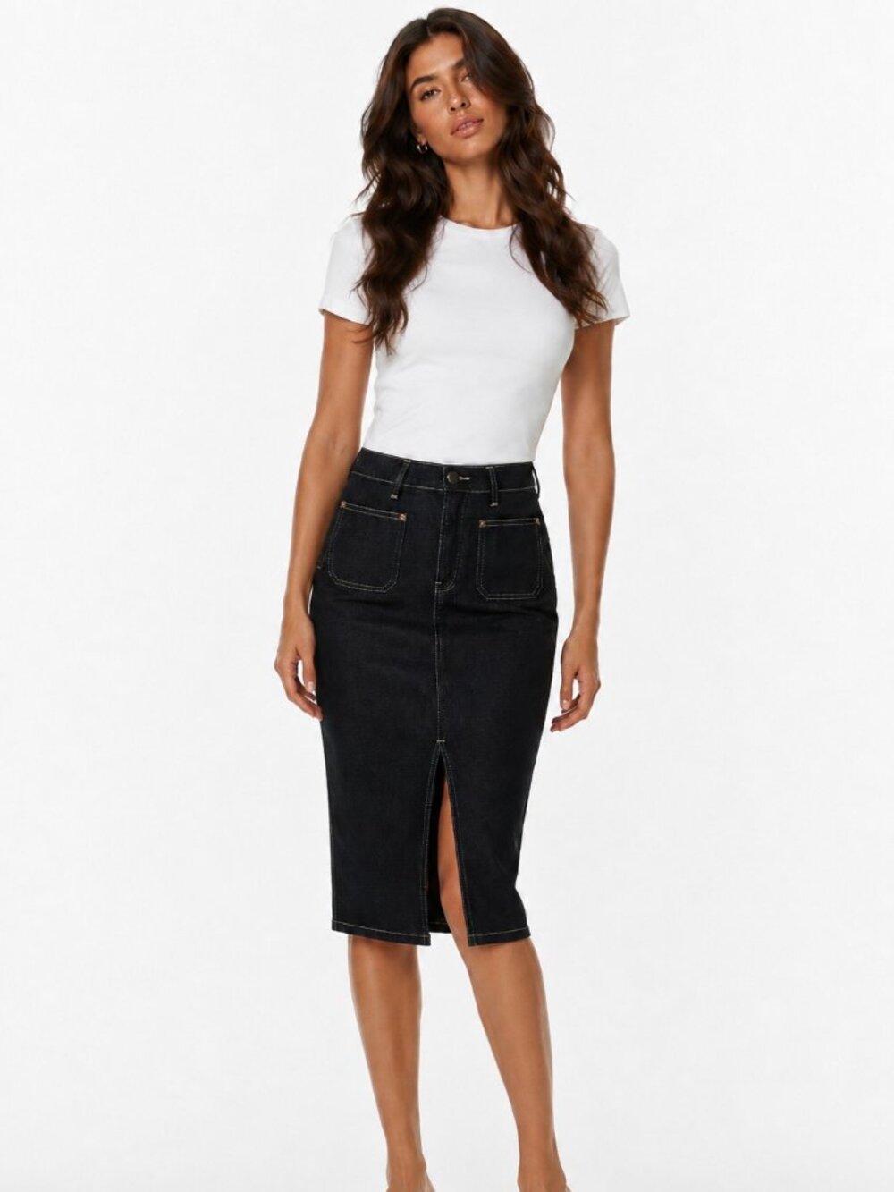 KHAITE Kerrie Blue Dark Denim jean Pencil Skirt with Front Slit